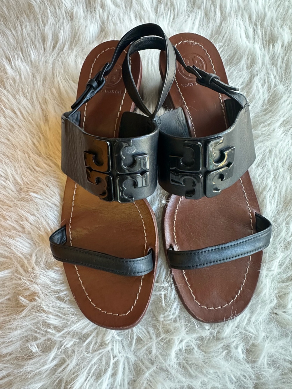 Tory Burch Lowell 2 Black block heel Leather Logo Sandals size 8